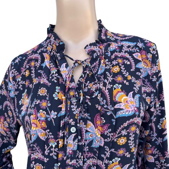 LOFT Women Multicolor Floral Ruffle Neck Pleated Long Sleeves Blouse Size S - Picture 2 of 6